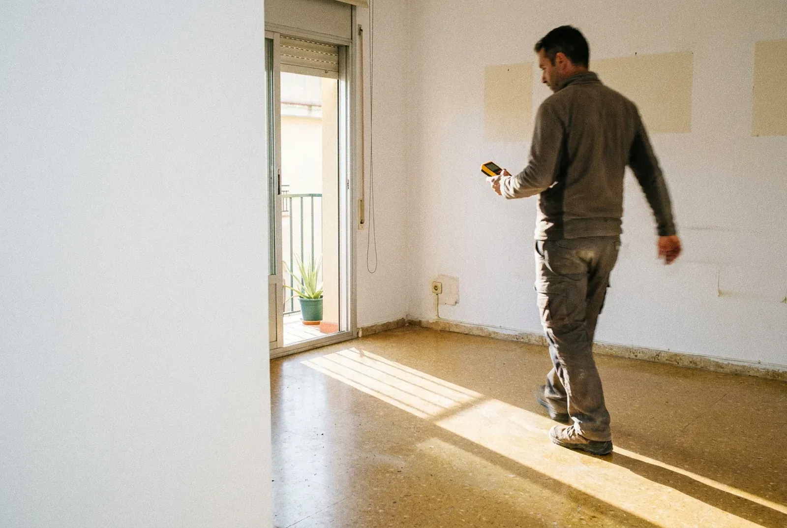 Piso vacío con el balcón abierto y la luz cruzando el suelo de terrazo, mientras un técnico toma medidas con un medidor láser.